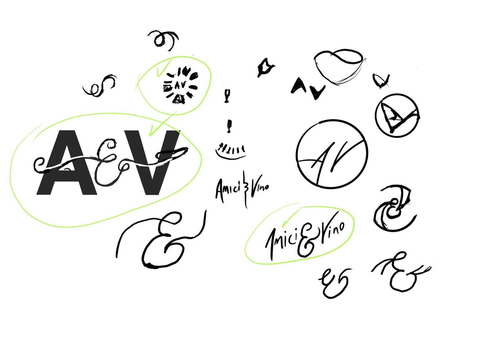 A page of hand-drawn sketches: A and V ligatures, ampersands and script lettering