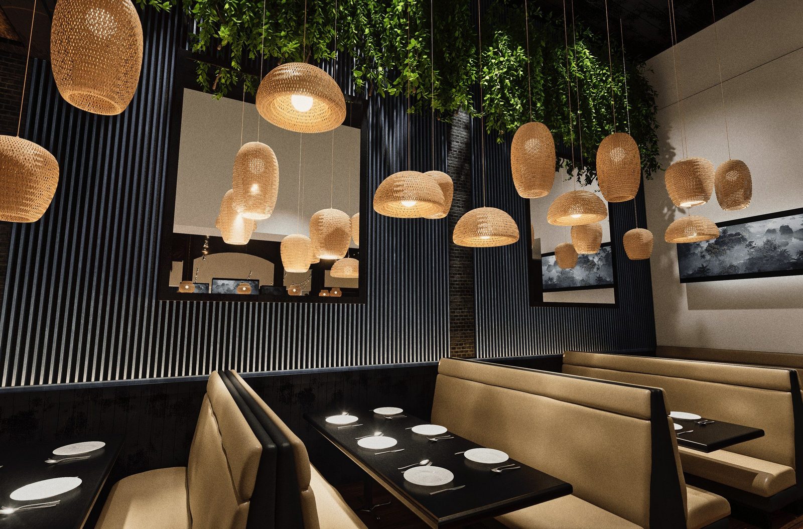 Tan leather booths set for dinner under clusters of woven pendant lamps