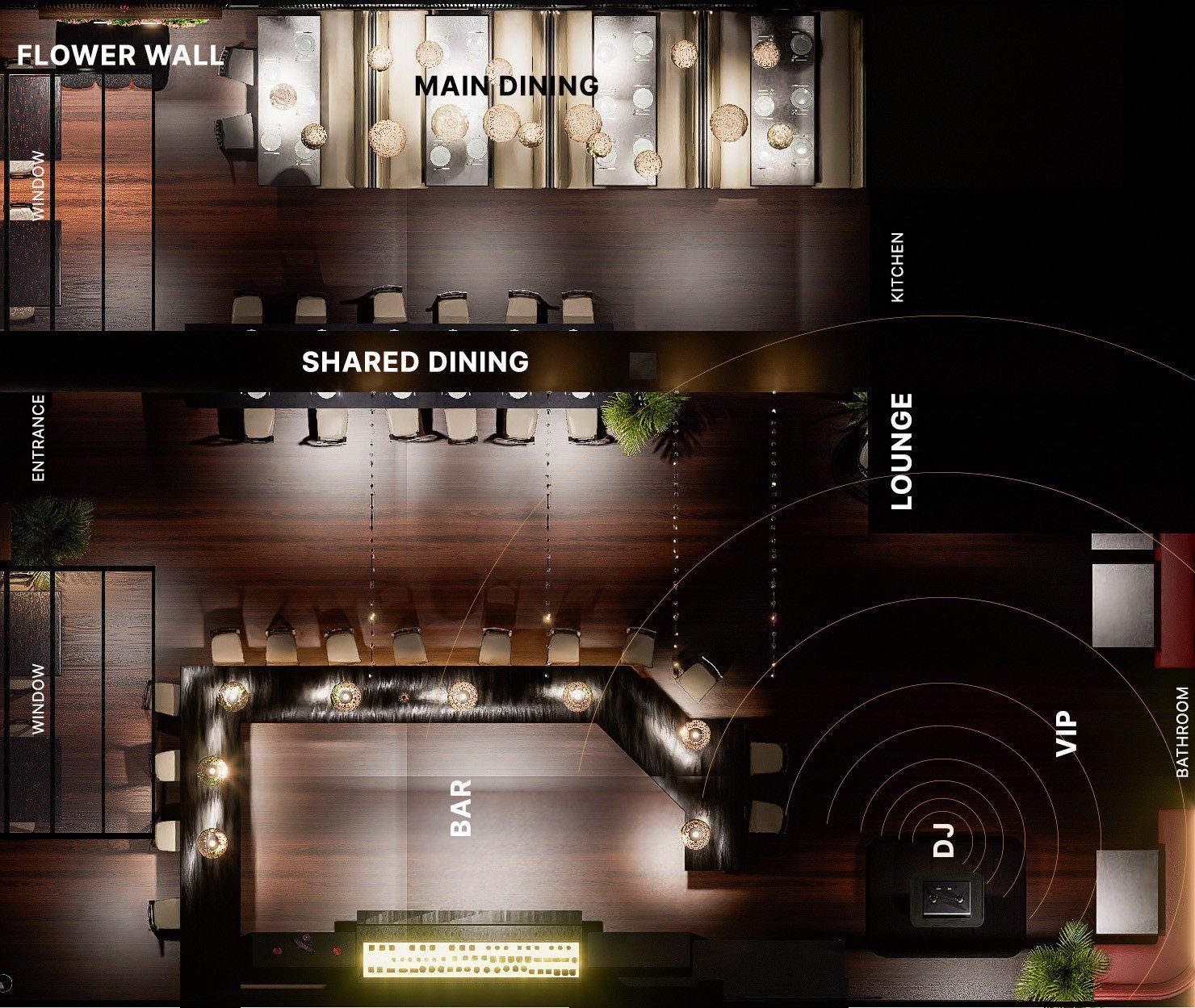 The plan from above: flower wall, main dining, shared dining, the bar, the lounge, the DJ and the VIP corner