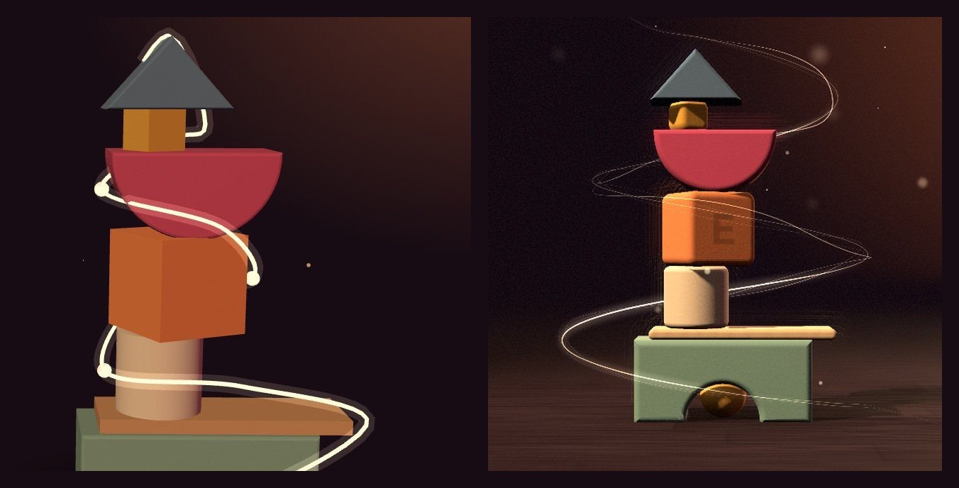 The block tower in a flat rough version, and finished with soft light and a strand around it