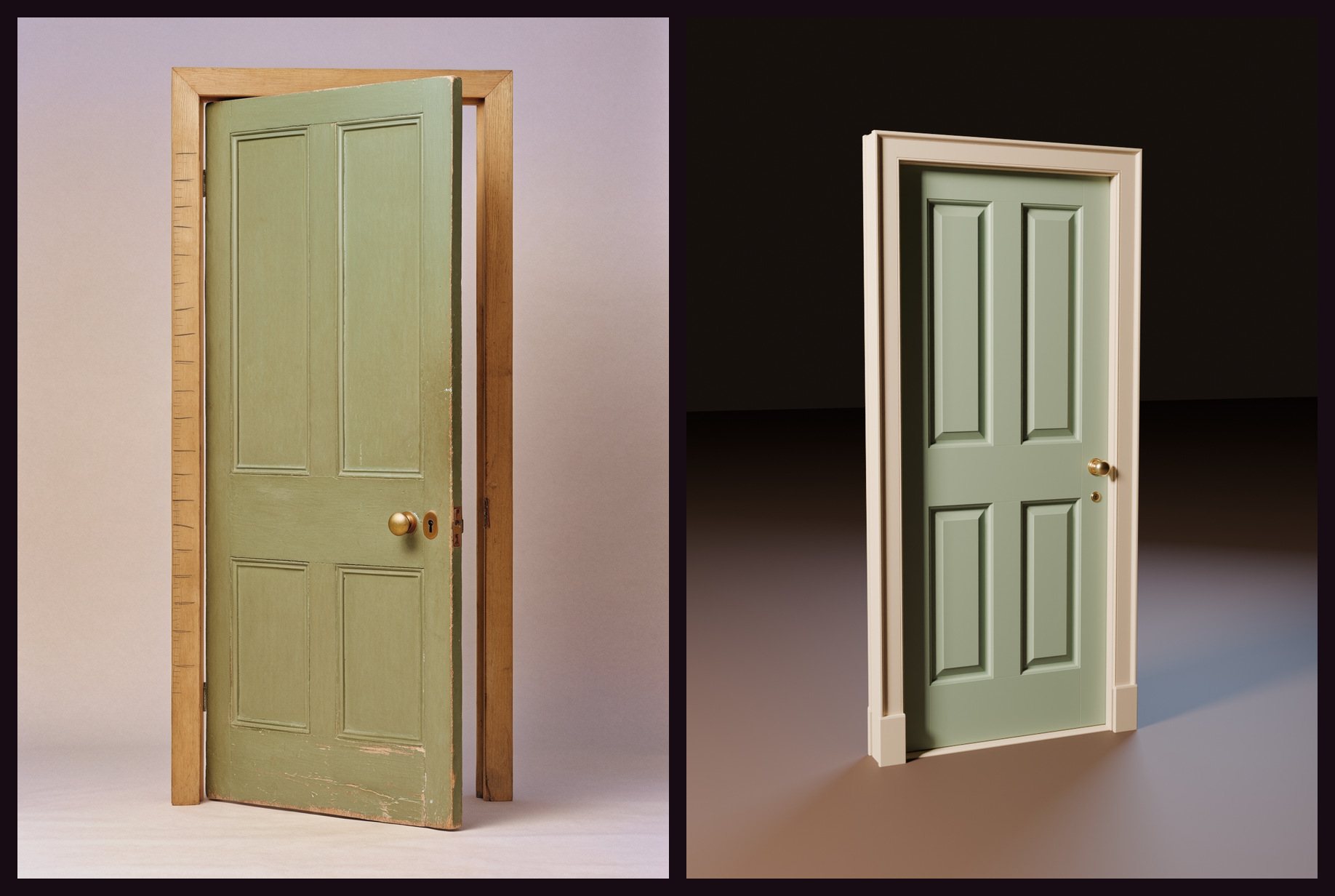A picture of a sage-green panelled door beside the 3D model made from it