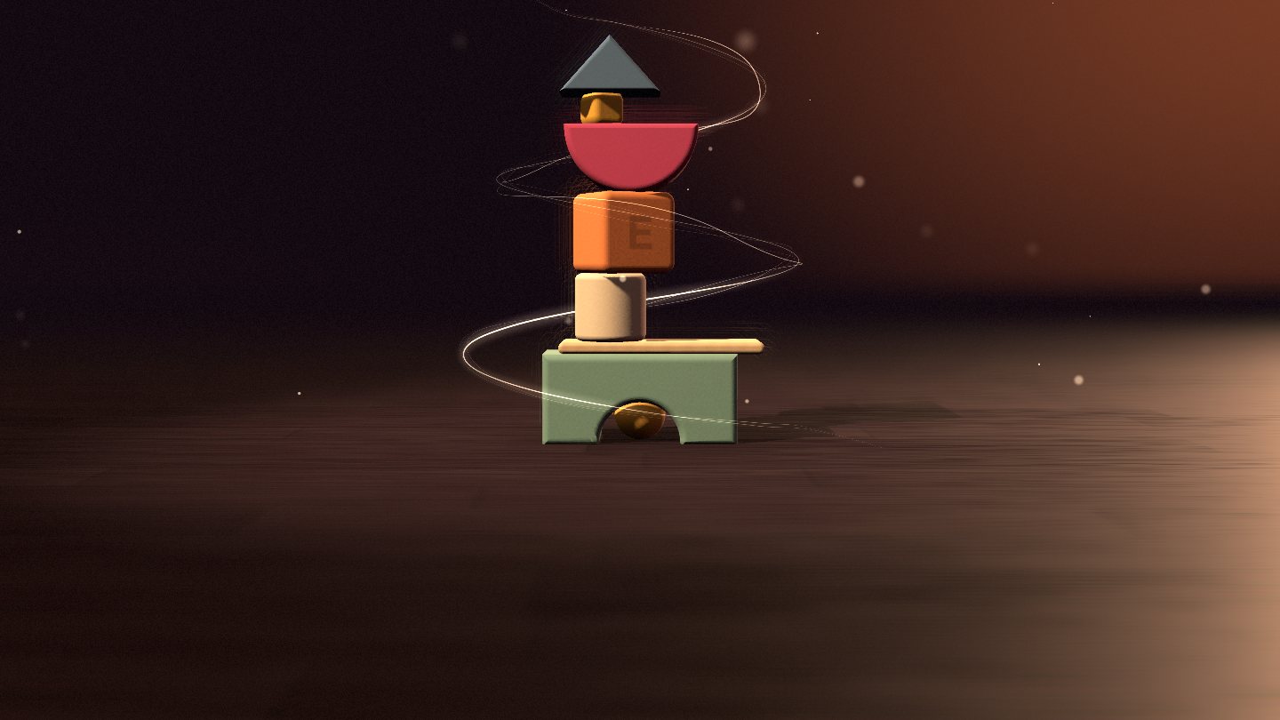 A tower of painted blocks on a dark wooden floor, a strand of light around it