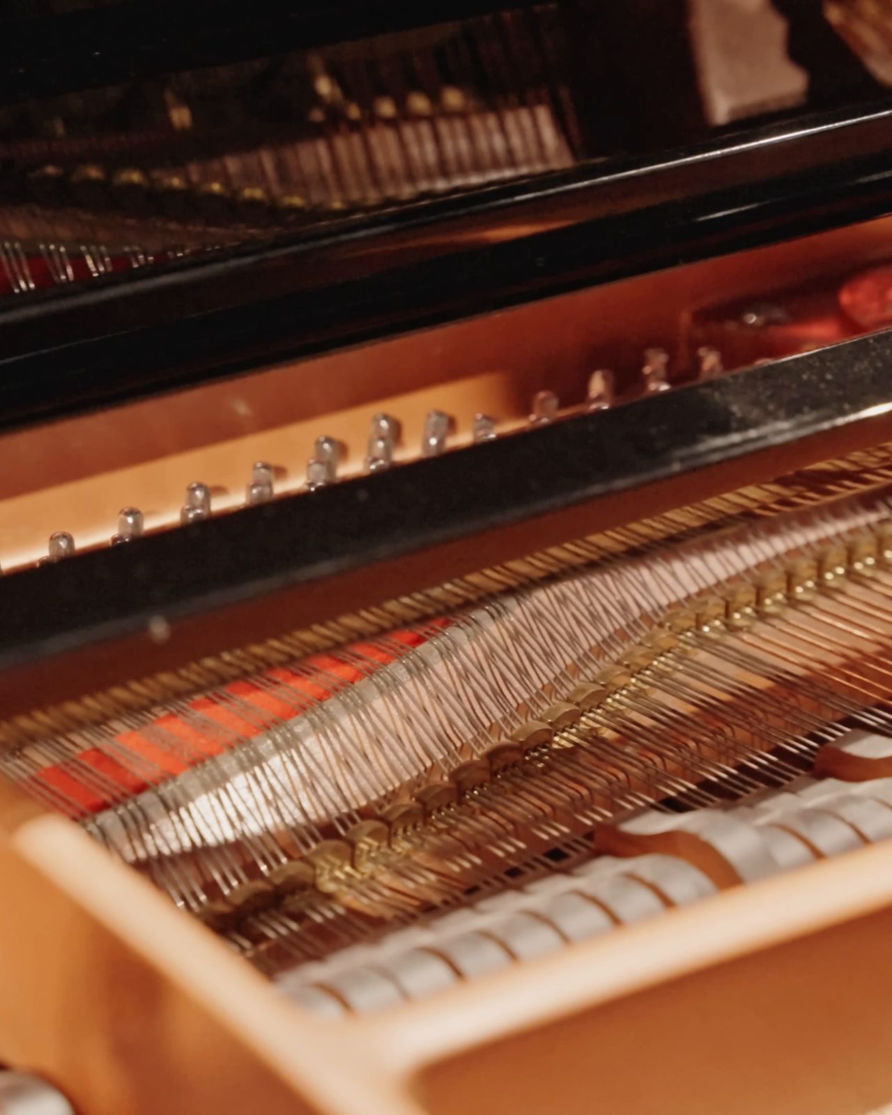 Inside the grand piano: the strings and hammers in warm light