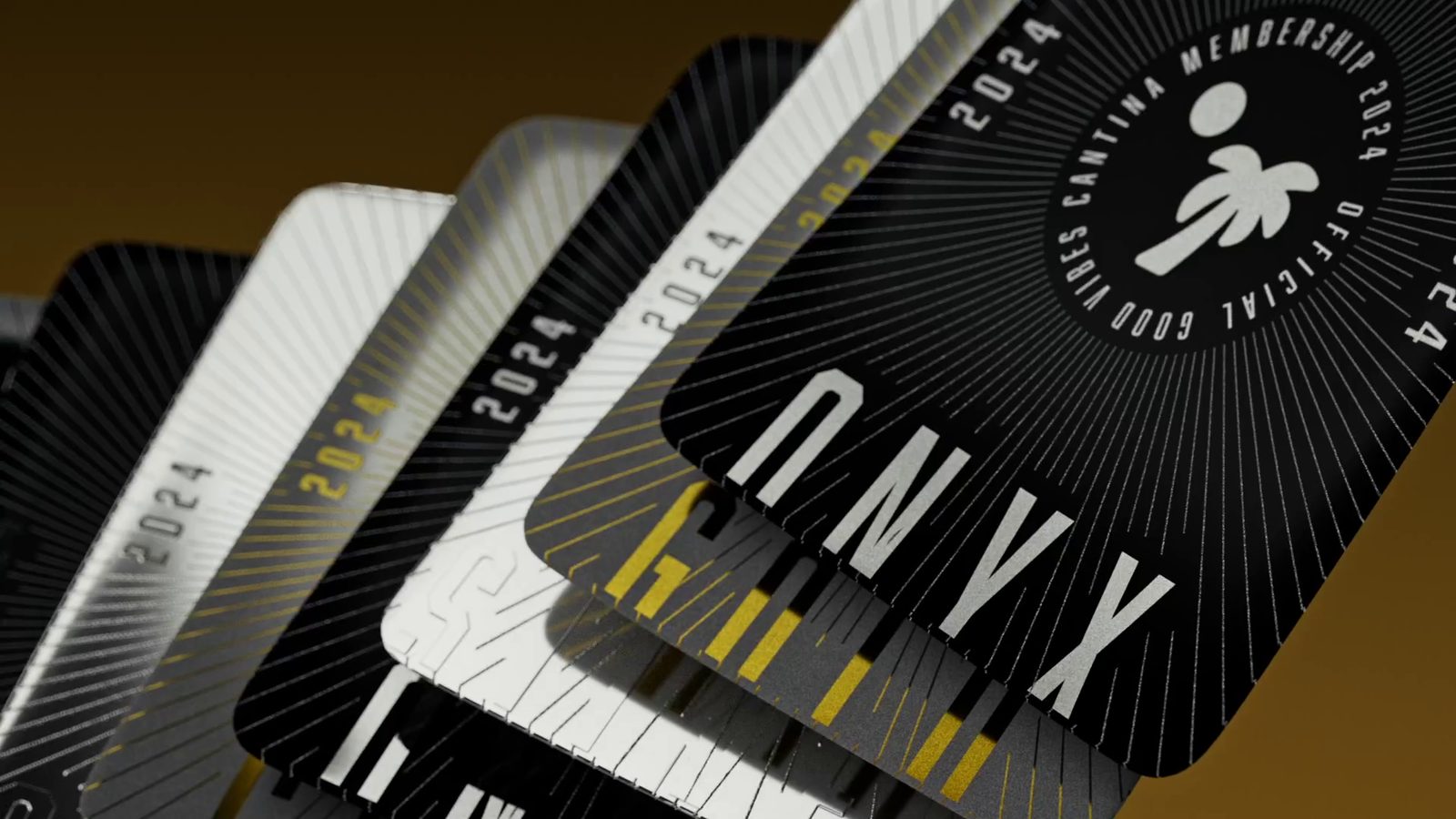 A fan of Onyx membership cards, a Gold one among them, each with the palm on its 2024 membership seal
