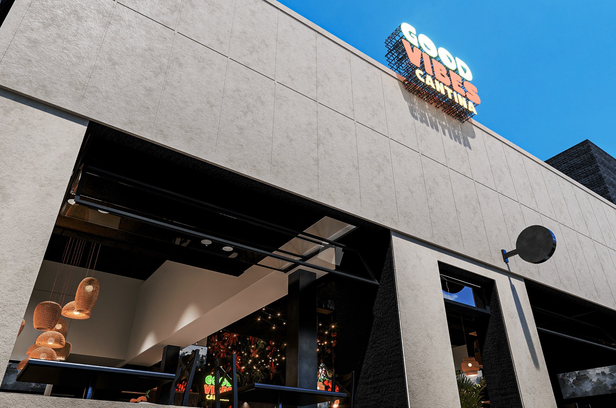 The visualised front of Good Vibes Cantina under a blue sky, the neon name on the corner