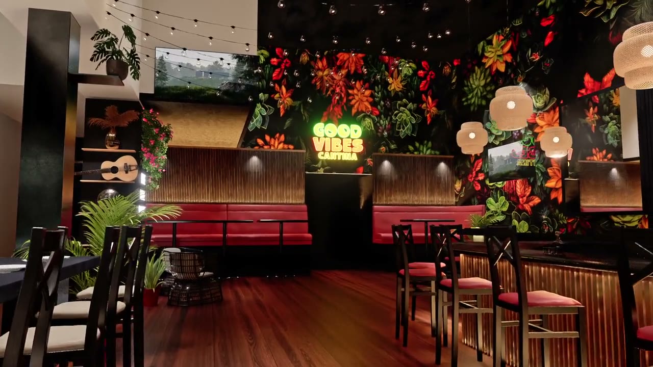 The Good Vibes Cantina interior, visualised in 3D