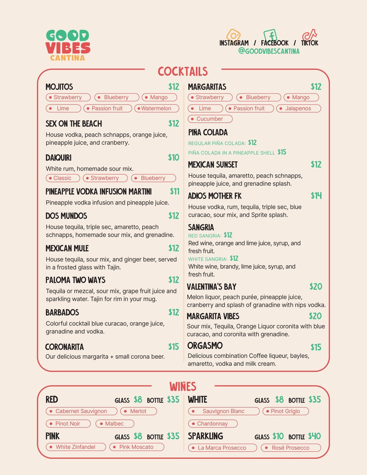 The drinks menu: cocktails, margaritas and wines