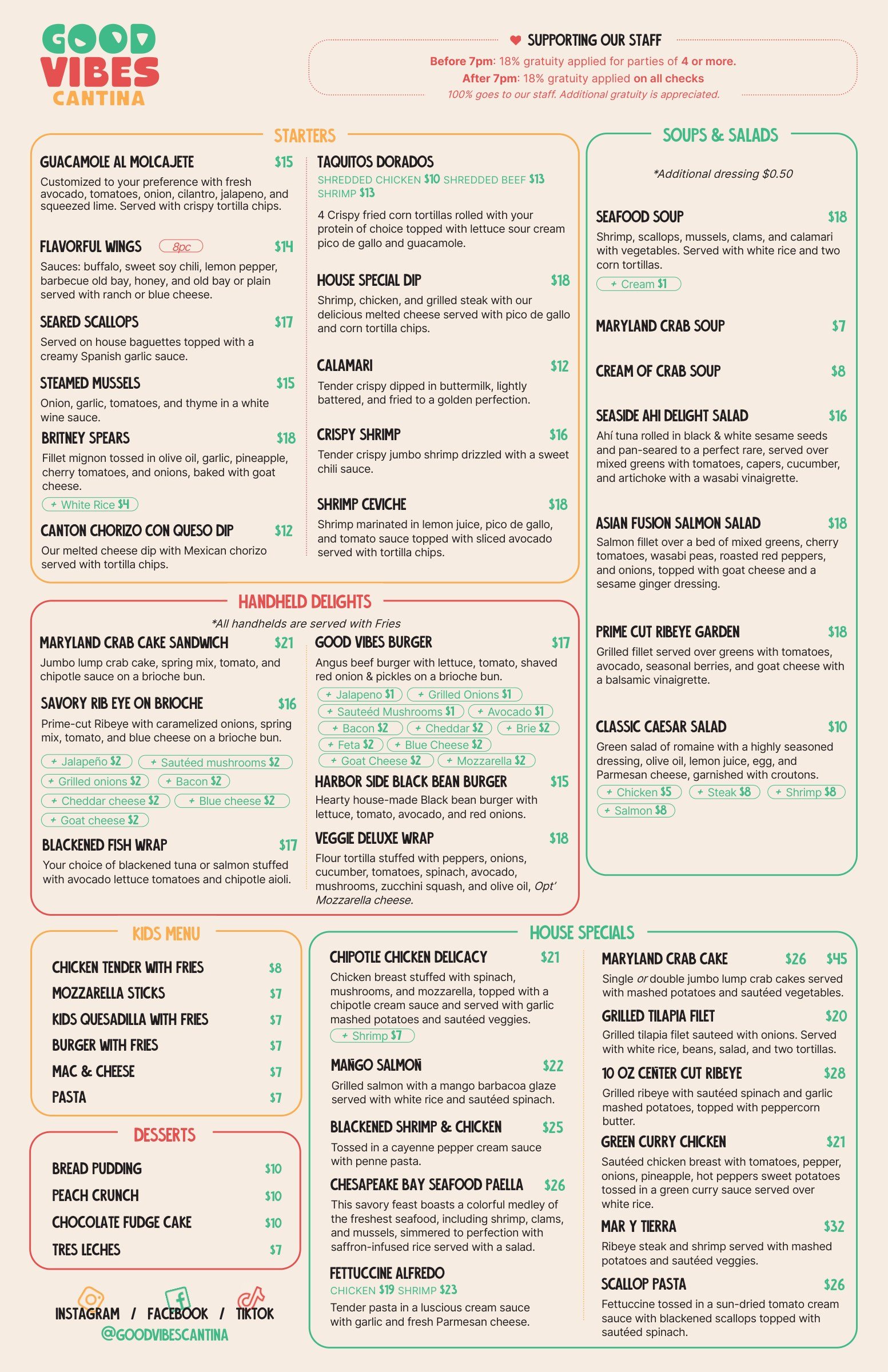 The main menu, first page: starters, soups and salads, handheld delights