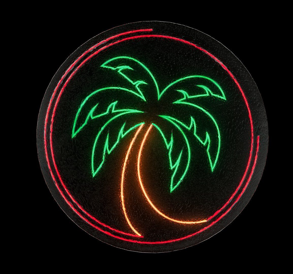 The palm in green and amber neon inside a red neon ring