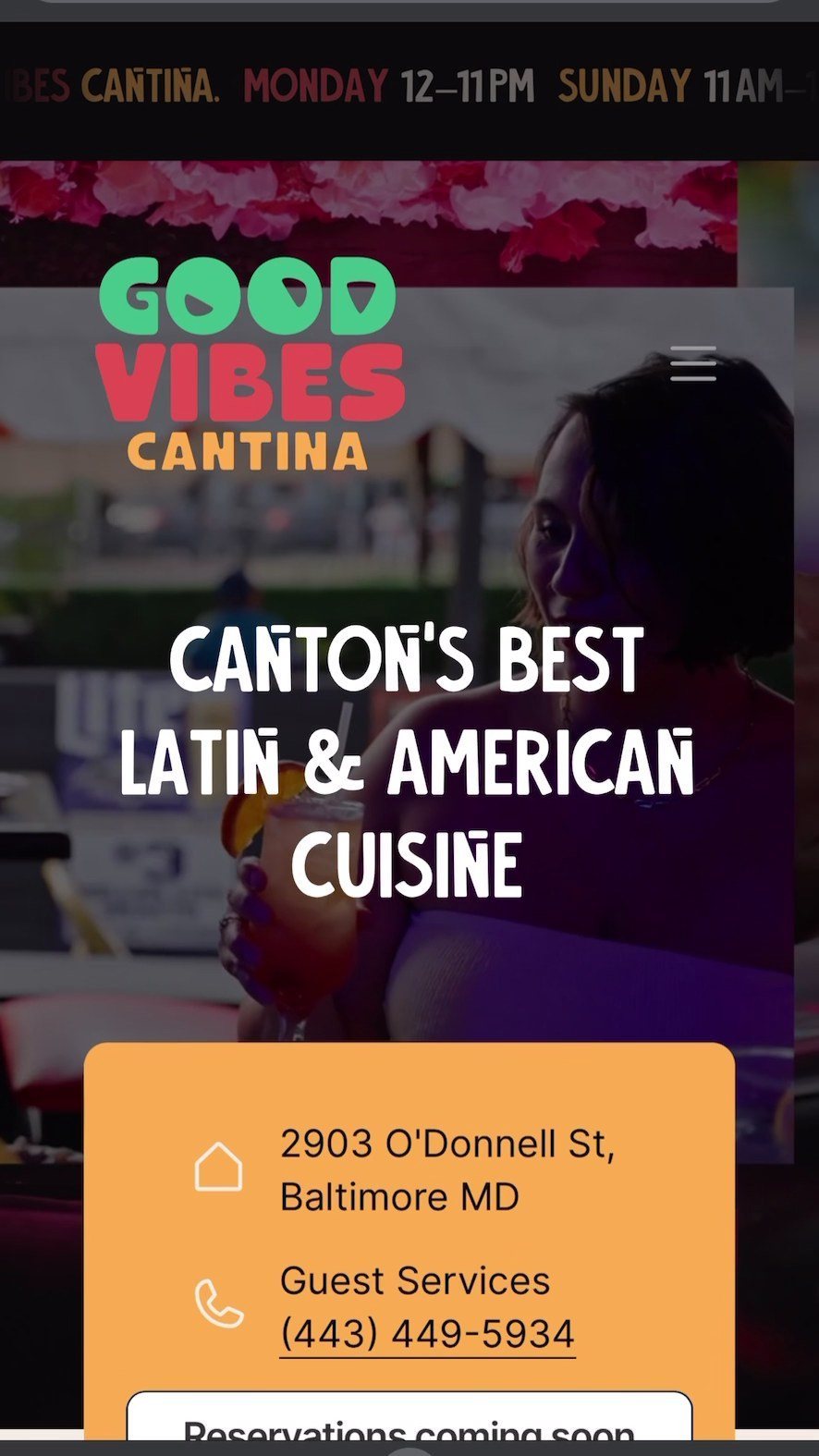 The website's first screen on a phone: the wordmark, Canton's best Latin and American cuisine, the address