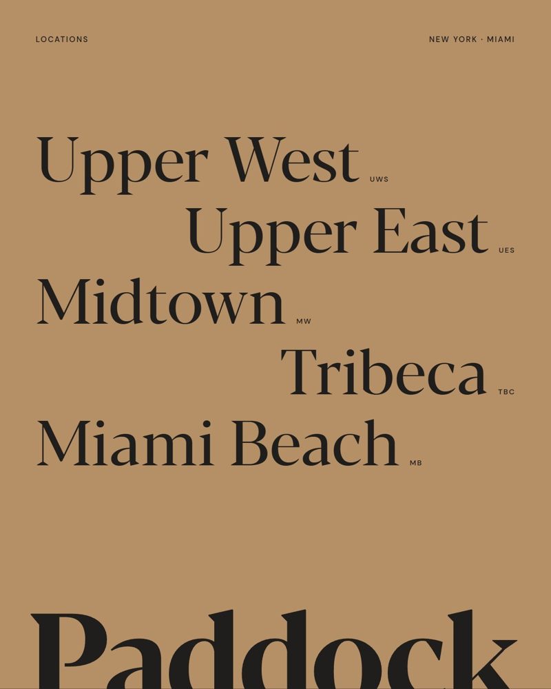 The Paddock locations poster: Upper West, Upper East, Midtown, Tribeca, Miami Beach