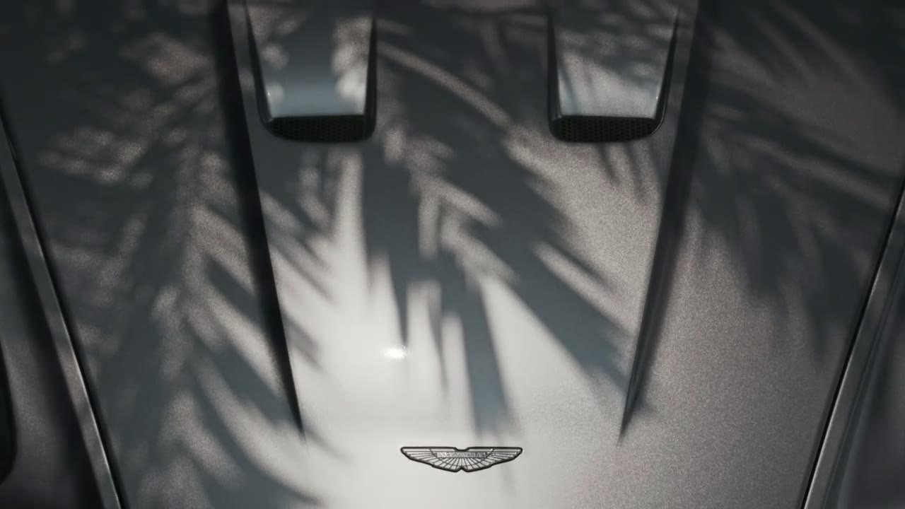 Palm shadows across an Aston Martin bonnet, from the Paddock Miami teaser made in 3D